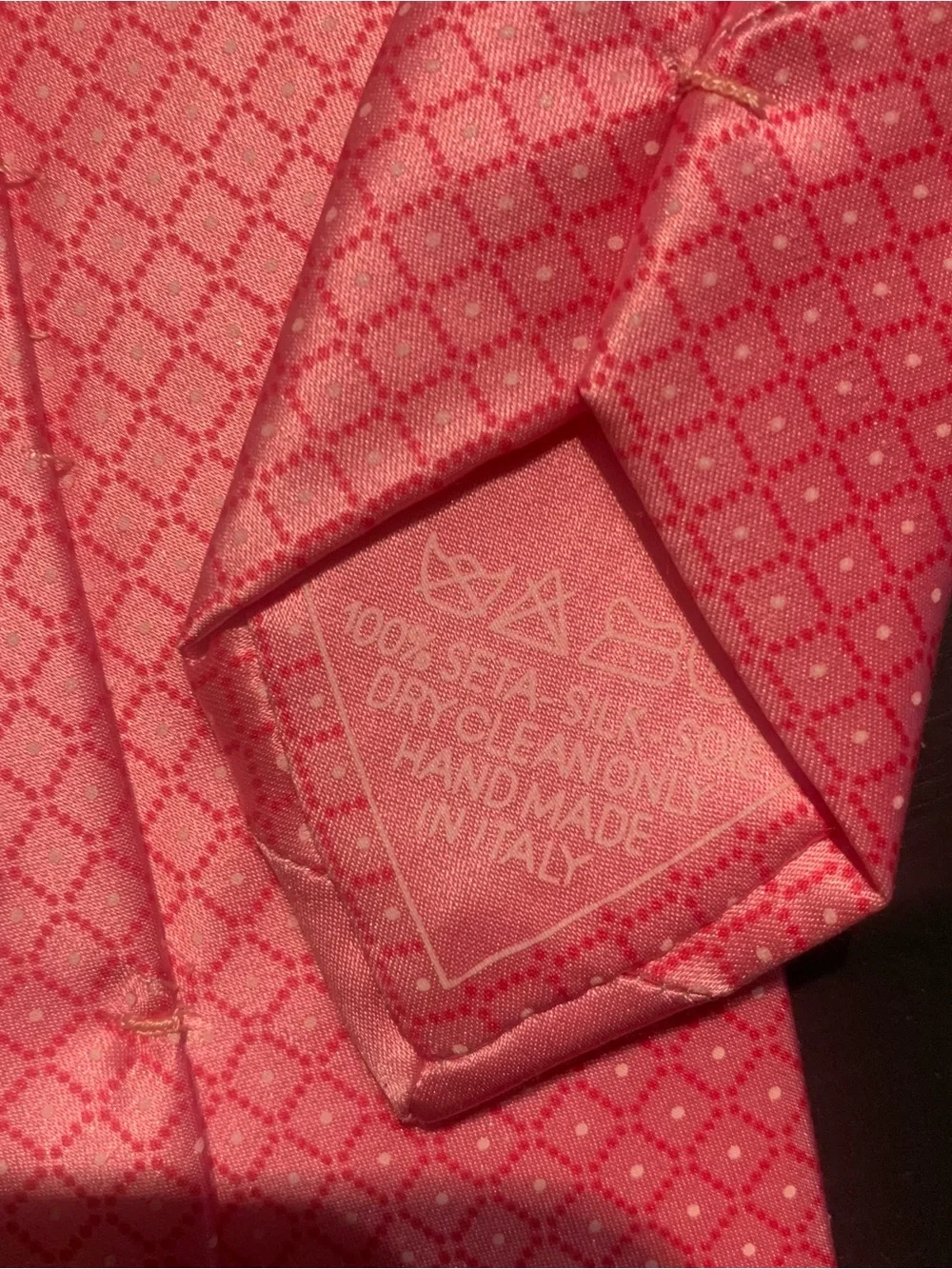 Italo Ferretti Mens Tie Necktie Silk Italy Pink Geometric Diamond Hand Made